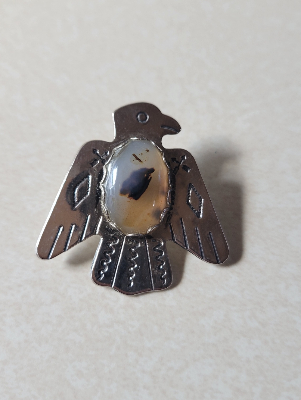 Silver Thunderbird Bird Pin with Agate Stone - Brown Cream
